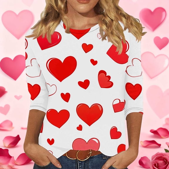 Womens 3/4 Sleeve Tops Plus Size Valentines Day Tee Shirts Love Hearts Printed Crew Neck Tshirts Casual Loose Fit (3XL, White)