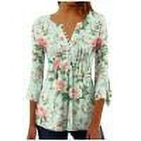Womens 3/4 Sleeve Tops Print Casual Fashion T Shirt Button V Neck Blouse Tunic Tops