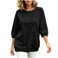 thumbnail image 1 of Womens 3/4 Sleeve Tops Pullover Casual Crew Neck Sweatshirts Loose Solid Color Fall Tunics Shirts Black, 2XL, 1 of 6