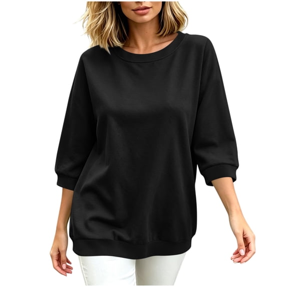 Womens 3/4 Sleeve Tops Pullover Casual Crew Neck Sweatshirts Loose Solid Color Fall Tunics Shirts Black, 2XL