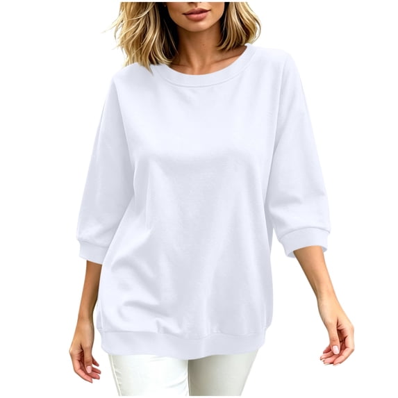 Womens 3/4 Sleeve Tops Pullover Casual Crew Neck Sweatshirts Loose Solid Color Fall Tunics Shirts White, S