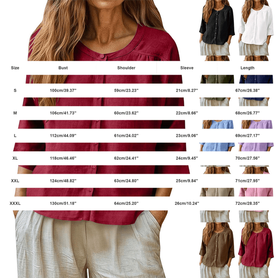 Womens 3/4 Sleeve Tops Round Neck Shirt Cotton Linen Button down Tunic Tops Loose Casual Breathable Tops for Summer Outdoor Wear by Gbobgt Red L