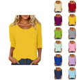 thumbnail image 1 of Womens 3/4 Sleeve Tops Scoop Neck Plain Casual Spring Summer Blouses Basic Tees, 1 of 5