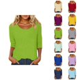 thumbnail image 1 of Womens 3/4 Sleeve Tops Scoop Neck Plain Casual Spring Summer Blouses Basic Tees, 1 of 4