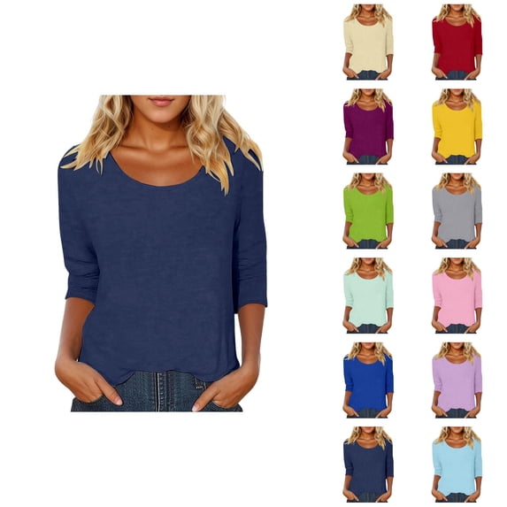 Womens 3/4 Sleeve Tops Scoop Neck Plain Casual Spring Summer Blouses Basic Tees
