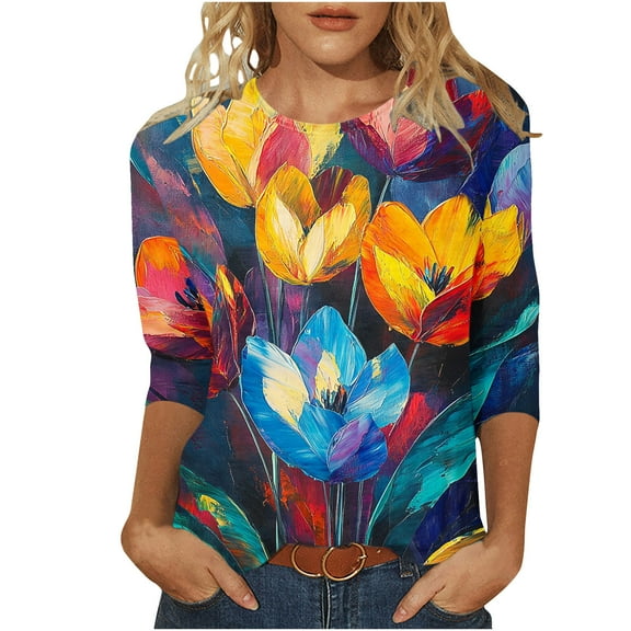 SHE IS Womens 3/4 Sleeve Tops, Shirts for Women Long Sleeve Dressy Womens Crop Tops Dressy Casual 3/4 Length Sleeve Womens Tops with Collar Basic Oversized Tees for Women Pack