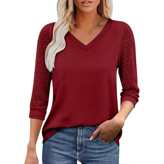 SHE IS Womens 3/4 Sleeve Tops, Shirts for Women Trendy Fall Womens Tops Casual V Neck Womens Long Sleeve Blouses for Work Cotton Tunic Tops Women 3/4 Sleeve