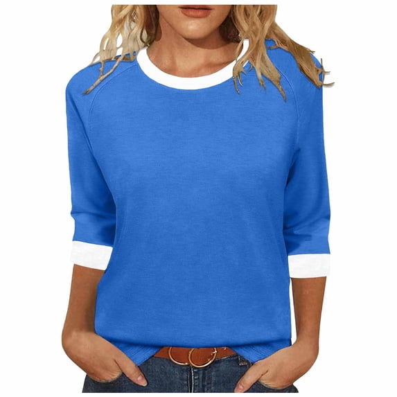 Womens 3/4 Sleeve Tops Soft Cotton Casual Crewneck Raglan T-shirts Loose Fit Colorblock Base Tee Summer Tshirts (L, Blue)