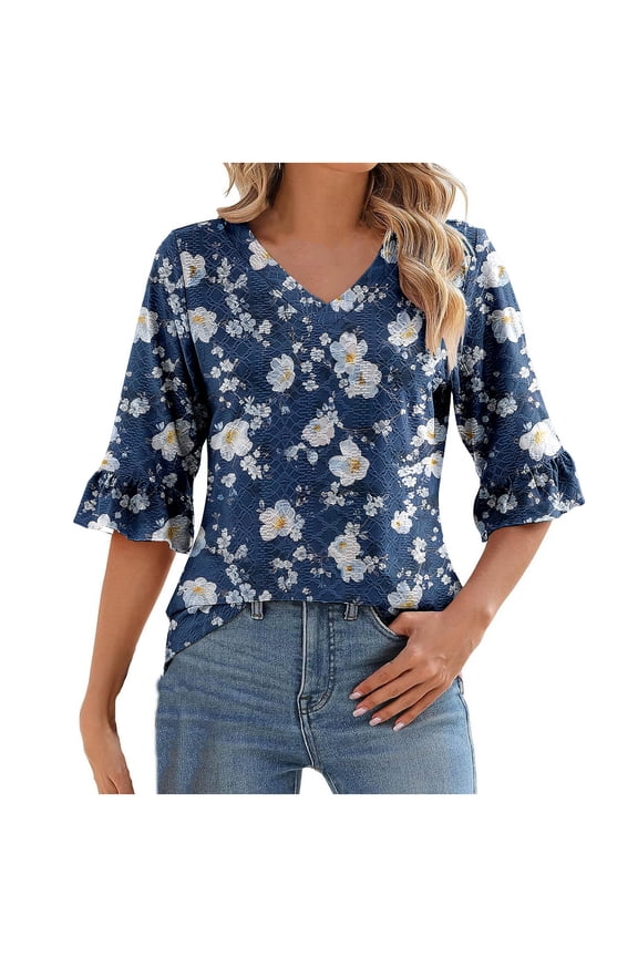 Womens 3/4 Sleeve Tops Split Flare Sleeves Floral Printed V Neck T Shirt Casual Loose Fashion Blouses