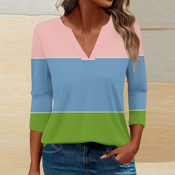 Womens 3/4 Sleeve Tops Summer Casual V-Neck Tshirt Ladies 2024 Color Blocked Daily Tees Loose Brathable Fashion Tunic Blouses