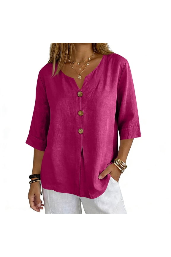 Womens 3/4 Sleeve Tops Summer Linen Button Down Boho Shirts V Neck Button Gauze Work Blouses Hot Pink M