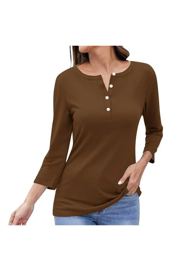 Womens 3/4 Sleeve Tops V Neck Button Up Trendy Casual Summer Fall Solid Color Tee Shirts Loose Fitting Slim Blouses Tunics Tops,Brown,L