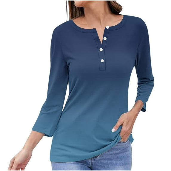 Womens 3/4 Sleeve Tops V Neck Button Up Trendy Casual Summer Fall Solid Color Tee Shirts Loose Fitting Slim Blouses Tunics Tops,Navy,XL