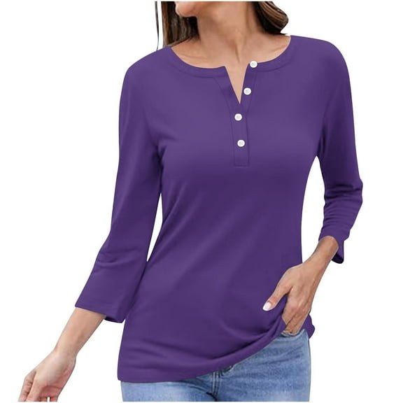 Womens 3/4 Sleeve Tops V Neck Button Up Trendy Casual Summer Fall Solid Color Tee Shirts Loose Fitting Slim Blouses Tunics Tops,Purple 1,L