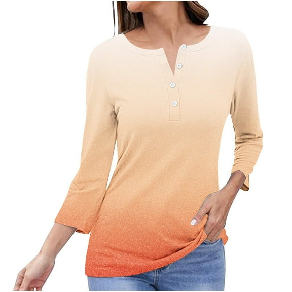 Womens 3/4 Sleeve Tops V Neck Button Up Trendy Casual Summer Fall Solid Color Tee Shirts Loose Fitting Slim Blouses Tunics Tops,Yellow,2XL