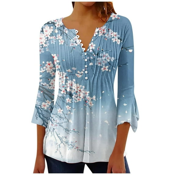 Womens 3/4 Sleeve Tops V Neck Casual Blouse Printed Shirt Womens Loose Tunic Tops