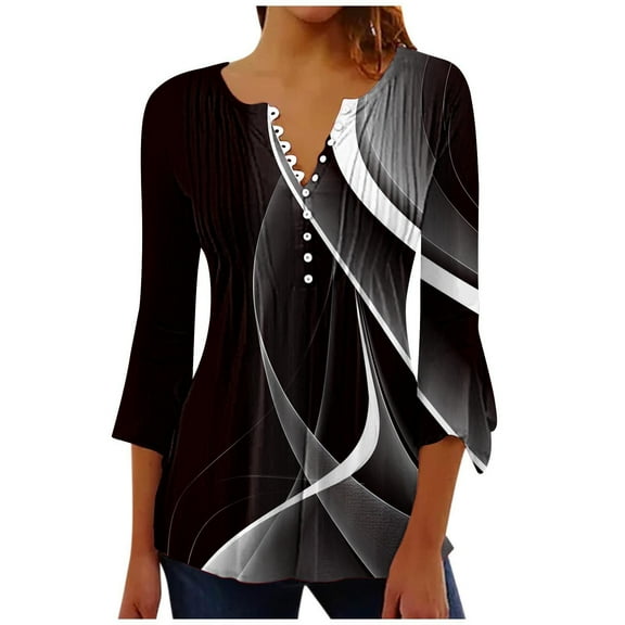 Womens 3/4 Sleeve Tops V Neck Casual Blouse Printed Shirt Womens Loose Tunic Tops