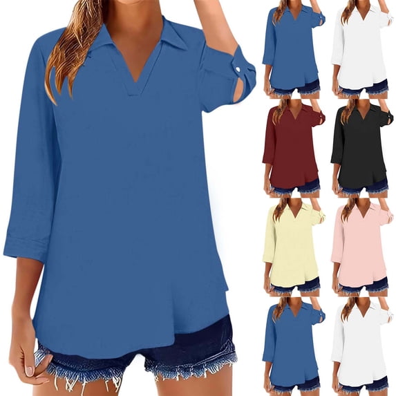 Womens 3/4 Sleeve Tops V Neck Cotton Linen Lightweight Casual Lapel Collared Shirts for Women with Button Cuffs (XL, Blue)