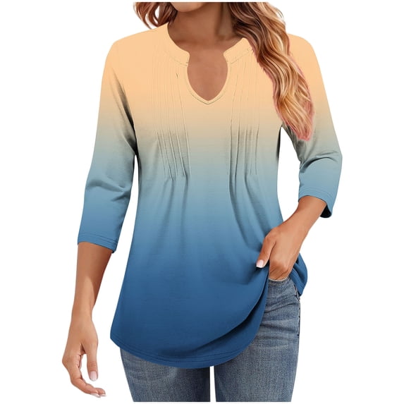 Womens 3/4 Sleeve Tops V Neck Dress T Shirt Casual Fall Gradient Color Fashion Tunic Tops