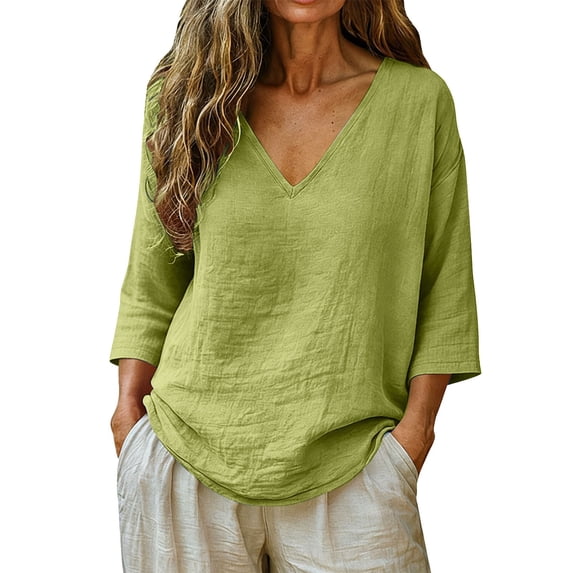 Womens 3/4 Sleeve Tops V Neck Elbow Sleeve Tops Women Breathable Shirts Loose Fit Womens Shirts Casual Work Top Cute Summer Tops Linen Shirts for Women Fall Outfits for Women,Light Green2,L