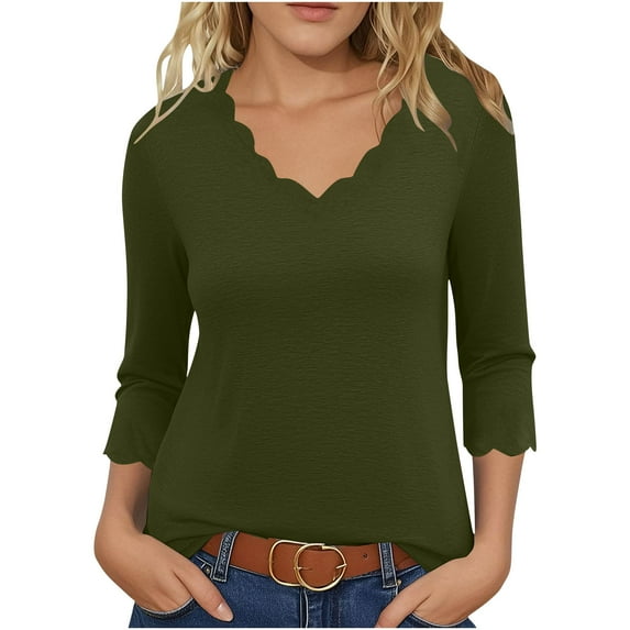 Womens 3/4 Sleeve Tops V Neck Scallop Trim Loose Casual Blouses Soft Basic Tees Shirts Trendy Loungewear, Army Green L