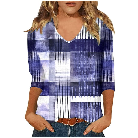 SHE IS Womens 3/4 Sleeve Tops, V Neck T Shirts for Women Long Sleeve Womens Floral Tops Long Sleeve Cotton Pullover Shirts for Women Basic Long Sleeve Tees for Women Plus Size