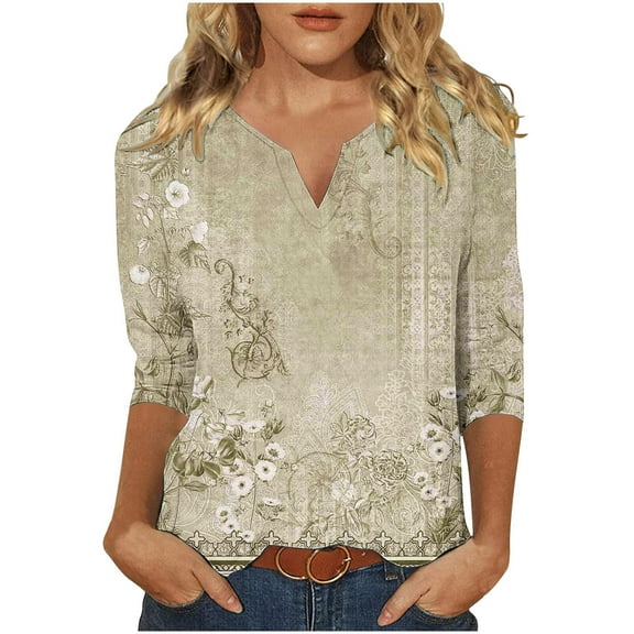 Womens 3/4 Sleeve Tops V Neck Vintage Floal Print Color Block Shirt Casual Trend T-Shirt Summer Fall Pullover Tops Basic Tees,Khaki,2XL
