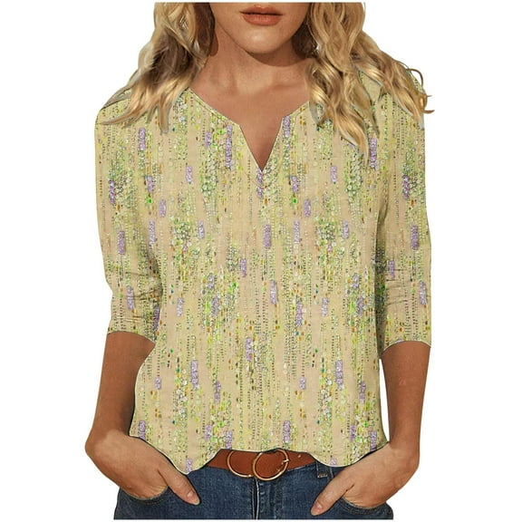 Womens 3/4 Sleeve Tops V Neck Vintage Floal Print Color Block Shirt Casual Trend T-Shirt Summer Fall Pullover Tops Basic Tees,Yellow,2XL