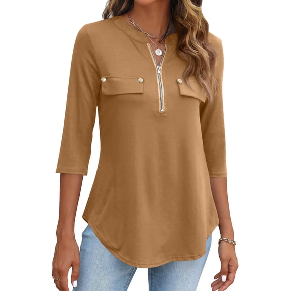 Womens 3/4 Sleeve Tops V Neck Zipper Business Casual Blouses for Office & Going Out Soft Tunics Camel XL