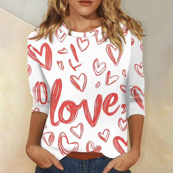 Womens 3/4 Sleeve Tops Valentine's Day Dressy Casual Business Crew Neck Office Shirts Work Blouses White A XXL