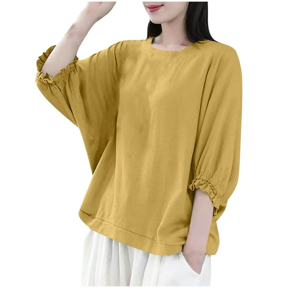 SHE IS Womens 3/4 Sleeve Tops, Women Shirts Long Sleeve Cute Plus Size Crew Neck Tops for Women Trendy Work Blouses for Women Office Professional Basic Tees for Women Oversized