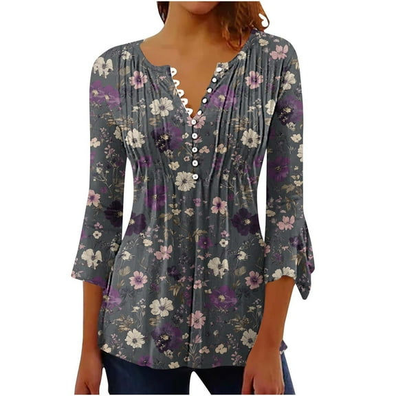 SHE IS Womens 3/4 Sleeve Tops, Women Shirts Long Sleeve Dressy Casual Womens Tops Dressy Casual Plus Size Plus Size Blouses for Women Blue Vintage Shirts for Women 1950s