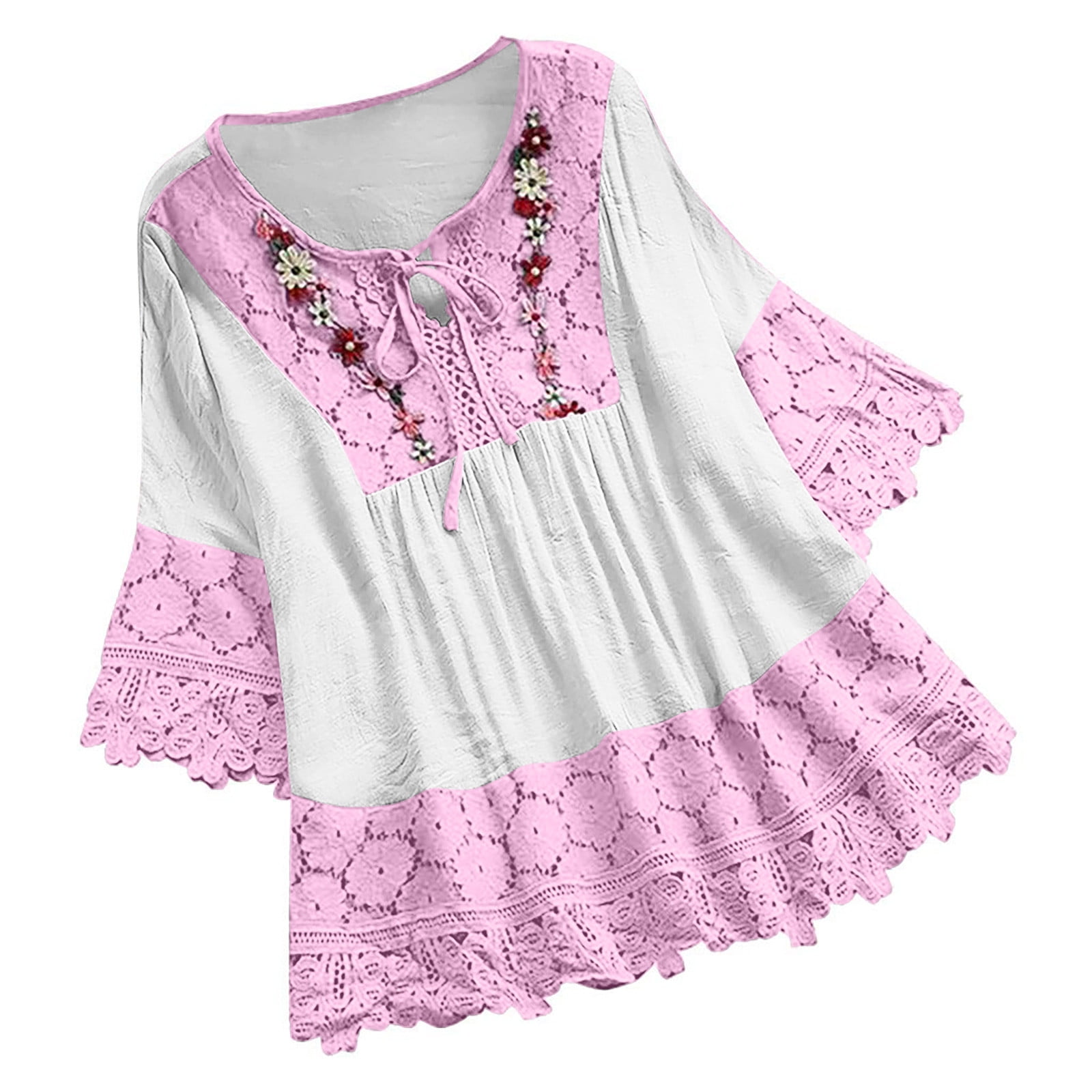Womens 3/4 Sleeve Tops Women Summer And Fall Tie Front Round Neck Vintage  Floral Lace Patchwork Casual Loose Tops,Purple,S