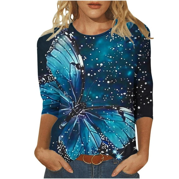 SHE IS Womens 3/4 Sleeve Tops, Women's Long Sleeve Shirts Pack Womens Floral Tops Fall Womens Long Sleeve Blouses Fall Basic Tees for Women Loose Fit for Working out