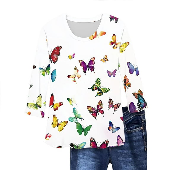 SHE IS Womens 3/4 Sleeve Tops, Womens Long Sleeve T Shirts Loose Fit Graphic Fall Graphic Tops for Women 2025 Trendy Long Sleeve Blouses for Women Dressy Vintage Shirts for Women 1950s