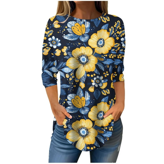 SHE IS Womens 3/4 Sleeve Tops, Womens Long Sleeve T Shirts Loose Fit Graphic Womens Long Sleeve Shirts Dressy Blouses for Women Plus Size Womens Graphic Tees Fall