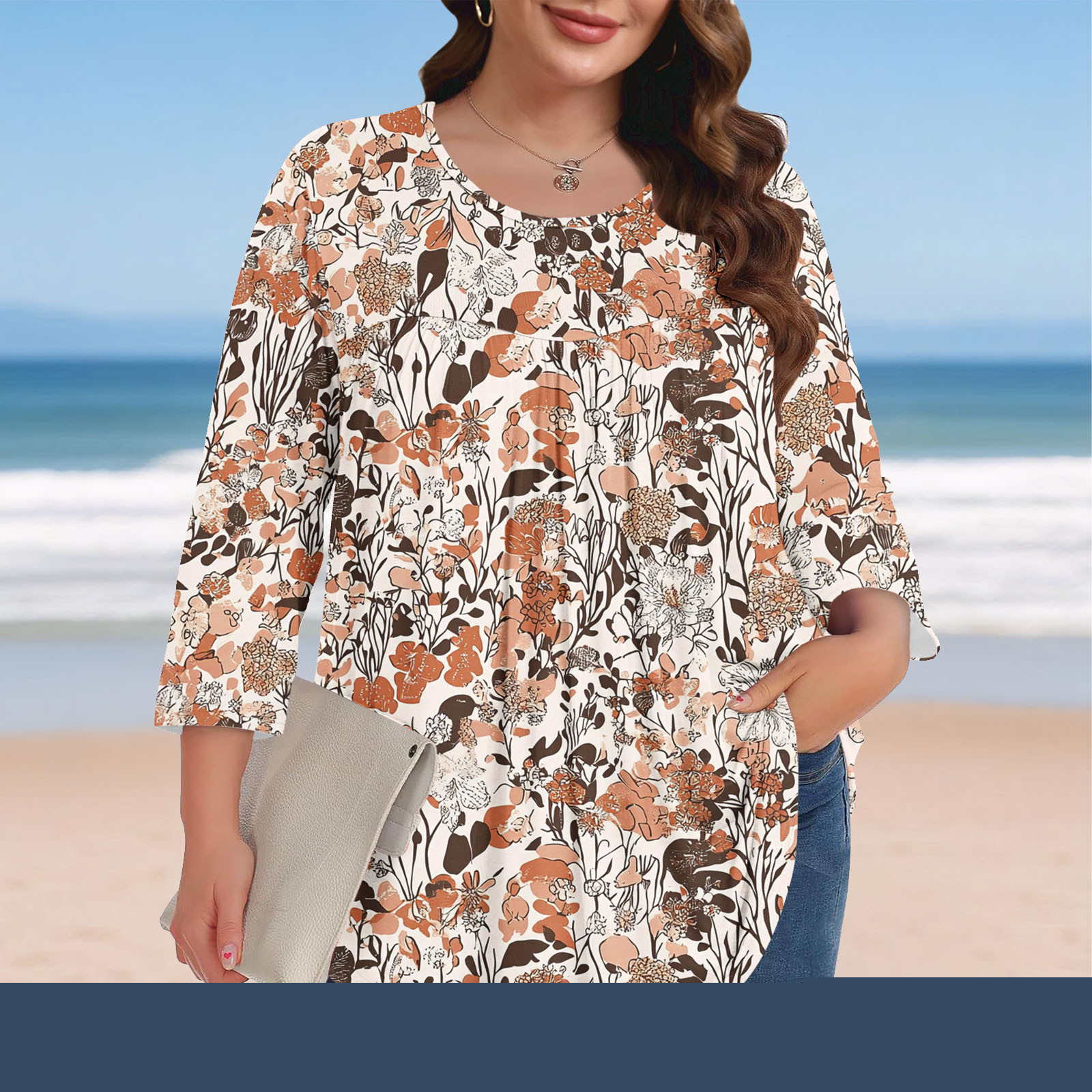 thumbnail image 1 of Womens 3/4 Sleeve Tops Womens Tops Loose Fit Summer Flowy Shirts Casual Women Summer Blouses Boho Graphic T Shirts for Women cheap, 1 of 7