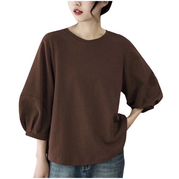 Womens 3/4 Sleeve Tops and Blouses New Ladies' Loose and Spring and Summer Lantern Sleeves 3/4 Quarter Sleeves Round Neck Coffee Xxl