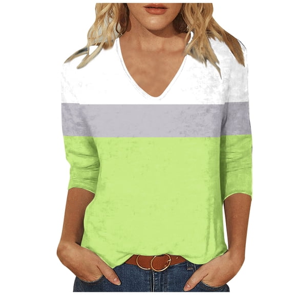 Womens 3/4 Sleeve Tops and Blouses New Women's Fashion Casual Print V-Neck 3/4 Sleeve Long Sleeved V-Neck Top/Shirt Green Xxl