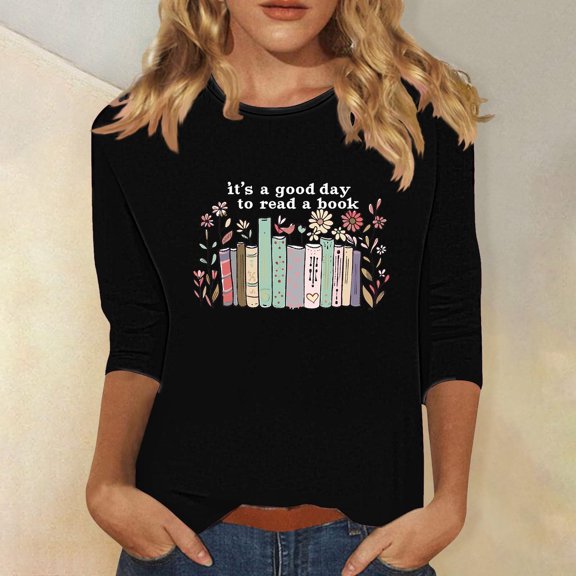 Womens 3/4 Sleeve Tops and Blouses Round Neck Graphic T- Shirts Casual Cotton Tunic Tee Sping Fall Clothes (Black XL)