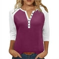 thumbnail image 1 of Womens 3/4 Sleeve Tops with Buttons Colorblock Raglan Tshirts Henley Neck Base Tee Casual Fall Spring T-shirts (3XL, Hot Pink 03), 1 of 7