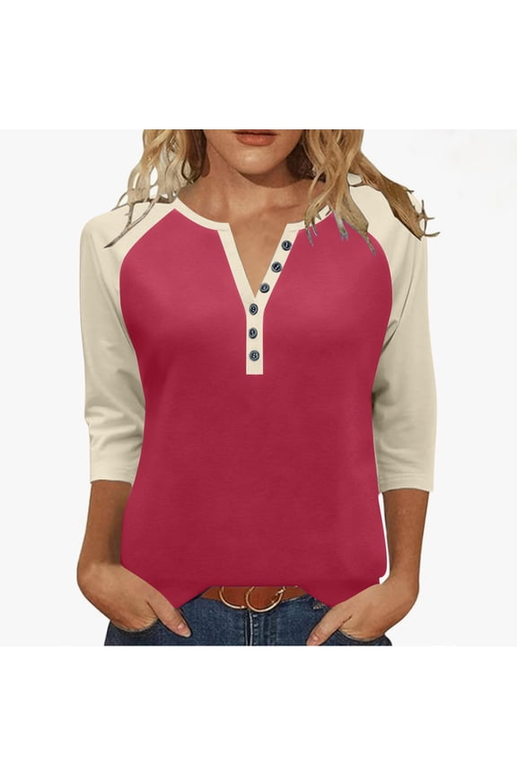 Womens 3/4 Sleeve Tops with Buttons Colorblock Raglan Tshirts Henley Neck Base Tee Casual Fall Spring T-shirts (3XL, Red)