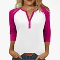 thumbnail image 1 of Womens 3/4 Sleeve Tops with Buttons Colorblock Raglan Tshirts Henley Neck Base Tee Casual Fall Spring T-shirts (L, Hot Pink 01), 1 of 7