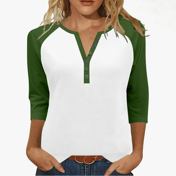 Womens 3/4 Sleeve Tops with Buttons Colorblock Raglan Tshirts Henley Neck Base Tee Casual Fall Spring T-shirts (S, Green 03)