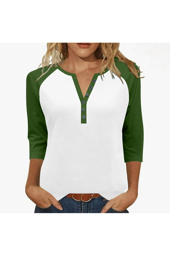 Womens 3/4 Sleeve Tops with Buttons Colorblock Raglan Tshirts Henley Neck Base Tee Casual Fall Spring T-shirts (S, Green 03)