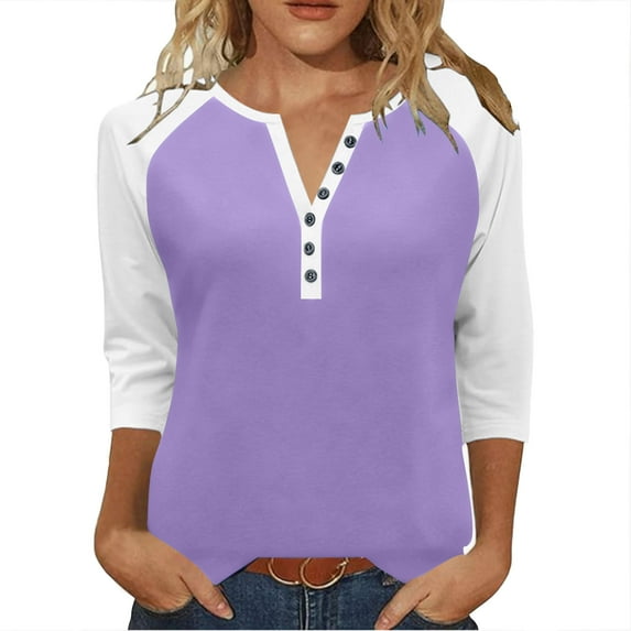 Womens 3/4 Sleeve Tops with Buttons Colorblock Raglan Tshirts Henley Neck Base Tee Casual Fall Spring T-shirts (XL, Purple 06)