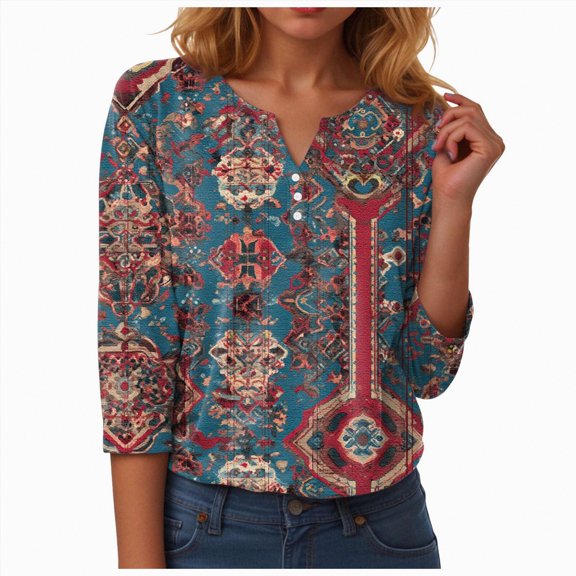 Womens 3/4 Sleeve Tops with Buttons V-Neck Summer Outfits Casual Blouses Shirts Beach Vacation Fall Clothes 2025