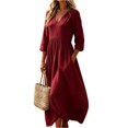 thumbnail image 1 of Womens 3/4 Sleeve Tunic Dress, Casual Loose Fit Pleated Long Gown, Elegant A-Line Work Office Beach Vacation Swing Dress, S-2XL, 1 of 5
