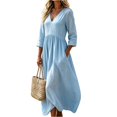 thumbnail image 1 of Womens 3/4 Sleeve Tunic Dress, Casual Loose Fit Pleated Long Gown, Elegant A-Line Work Office Beach Vacation Swing Dress, S-2XL, 1 of 5