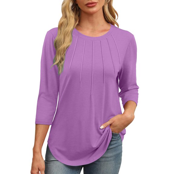Womens 3/4 Sleeve Tunic Tops Basic Tees Crewneck Pleated Shirts Pure Pullover Curved Hem Blouse Top